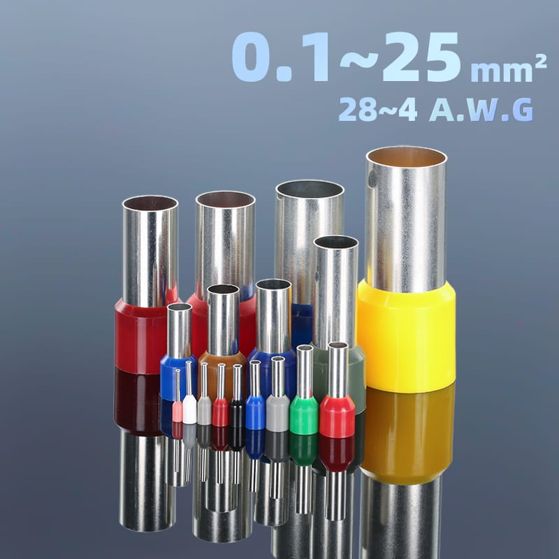 Color-coded insulated cord end terminal assortment, covering wire sizes from 0.1 mm² (AWG 28) to 25 mm² (AWG 4), displayed in a full range of sizes and insulation colors