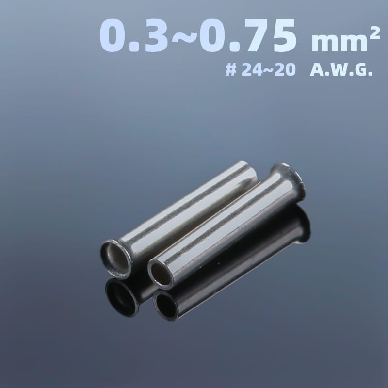Industrial-grade non-insulated cord end terminals, 0.3 to 0.75 mm² (AWG 24-20), tin-plated copper for conductivity and corrosion resistance
