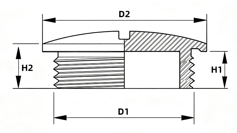 Section view drawing of threaded blank plug, marked D1 thread diameter, D2 cap diameter, H1 thread height, H2 overall height structural size definition