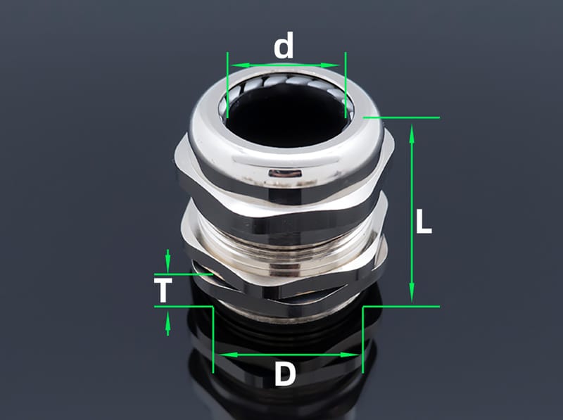 Nickel-plated metal cable gland marked with d (cable clamping aperture), L (overall total length), T (thread length), D (lock nut outer diameter)