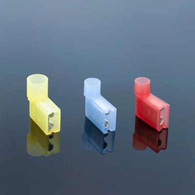 Assorted nylon flag female disconnectors, 90‑degree right angle female spade terminals