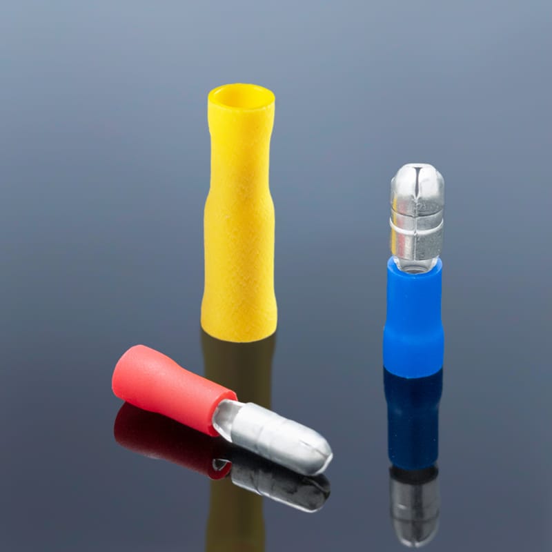 Red blue yellow nylon insulated bullet disconnector, male bullet terminal and female receptacle set