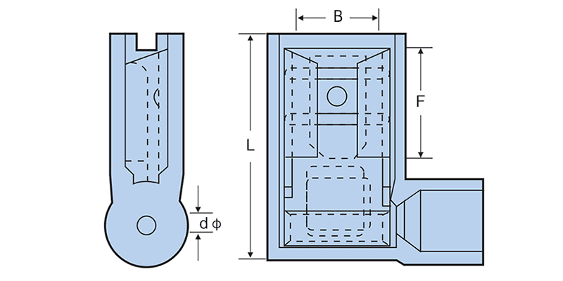 90 degree flag female disconnector sectional schematic drawing, technical outline with dimension label