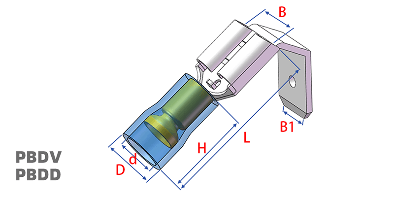 3D structural diagram of male piggy back connector, marking d, D, B, B1, H, L each dimension measurement position
